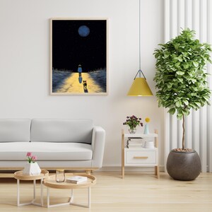 Digitale Nacht Wandkunst für Kinder, Magischer Sternenhimmel Kinderzimmer Druck, Kinderkatzen Dekor, Verträumte Mondschein Weg Illustration