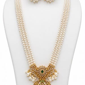 hndmade Pearl Mala Necklace Set, CZ Temple Pendant, Bridal Jewelry, Indian Wedding Gift