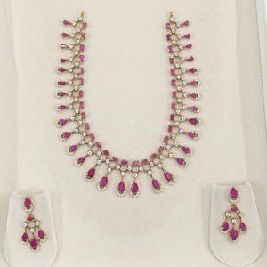 Ruby Drop Necklace Earrings Set | Indian Bridal CZ Diamond Statement Jewelry