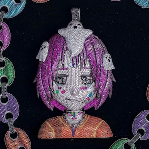 Colgante de dibujos animados de diamantes multicolor de corte redondo de 5,0 quilates, colgante de dibujos animados helado, colgante de dibujos animados personalizado, colgante de hip hop hecho a mano sin cadena