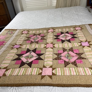 Handmade Star Block Quilt Throw, Cottage Pink Brown Patchwork Blanket, Rustic Primitive Decor