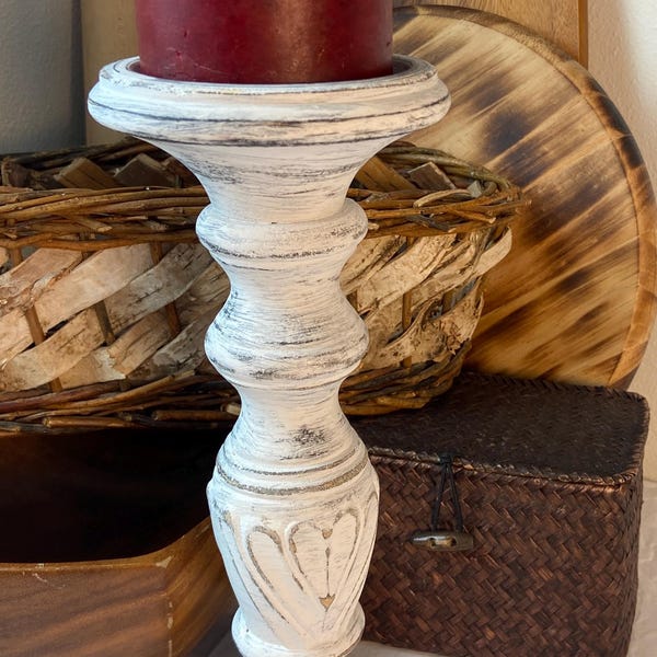 Distressed White Wood Candle Holder Rustic Farmhouse Pillar Candlestick Cottage Decor