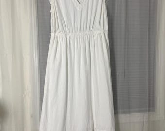 POPSUGAR White Linen Blend Midi Dress Large | Cottagecore Summer Dress | Romantic Ruffle Sleeve Dress | Beach Vacation Wedding Dress