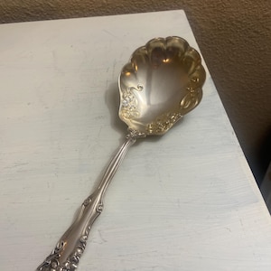 May include: A silver-toned serving spoon featuring a wide, shell-shaped bowl with embossed scrollwork along the edges. The handle is decorated with detailed floral carvings and intricate relief patterns that extend from the base to the neck.
