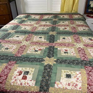 Vintage Log Cabin Quilt Queen Green Burgundy Floral Patchwork Cottage Farmhouse Bedding