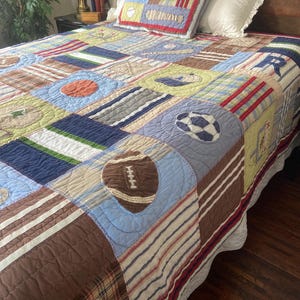 Pottery Barn Kids Hand Quilted Sports Patchwork Quilt Full Queen with Matching Sham Baseball Football Cotton Bedding