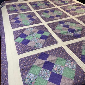 Twin Lauren's Purple Garden, Nine Patch Quilt, Handmade Purple & Green Calico, Cottagecore Farmhouse Style