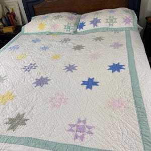 Pastel Star Twin Quilt Set with Matching Shams | Hand Quilted Cotton | Cottagecore Farmhouse Bedding