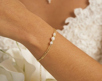 Dainty 2 Layers Pearl Bracelet, Natural Freshwater Pearl Bracelet, 14K Gold Bracelet, Wedding Jewellery, Bridesmaid Gift, Mothers Day Gift