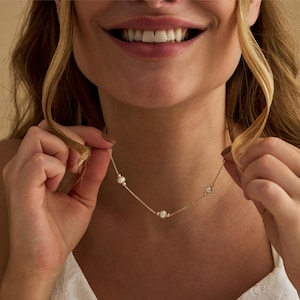 Natural Freshwater Pearl Necklace, Dainty Pearl Necklace, Gold Wedding Necklace, Bridal Necklace, Wedding Jewellery, Bridesmaid Gift for Her
