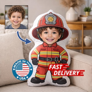 Aangepaste brandweerman kussen, 3D-kussen kinderen gezicht, brandweerman outfit kussen, verjaardagscadeau jongen, gevuld gevormd kussen, toekomst brandweerman cadeau