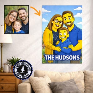 Op de afbeelding: Een digitaal portret van een familie in cartoonstijl, met gele huid en blauwe kleding. Het portret is getiteld "THE HUDSONS" en bevat een kleinere foto van de familie. Een digitaal downloadbadge is ook zichtbaar.
