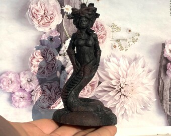 May include: A dark bronze Medusa statue with a snake-like lower body and a crown of snakes. The statue is set against a backdrop of pink flowers and a wooden surface. The figure is held in a person's hand.