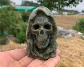 Jade verde natural de 7,6 cm o más, cuarzo cristalino, tallado a mano, decoración del hogar, fantasma, calavera, fantasma de cristal, regalo de cristal, 1 unidad.