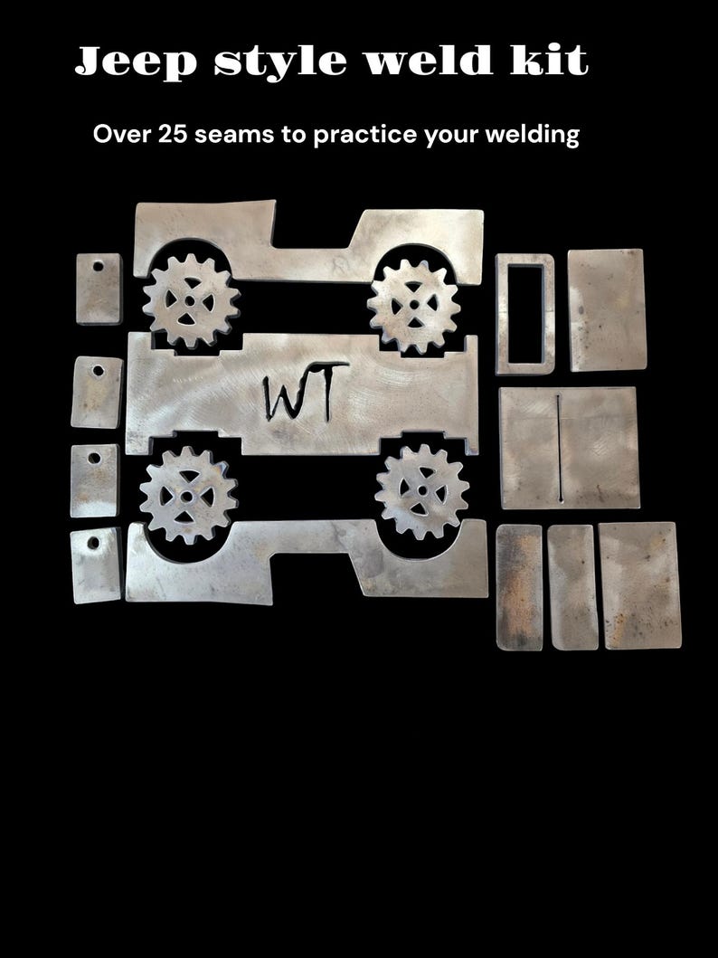 K&ouml;nnte beinhalten: Ein Metall-Schwei&szlig;bausatz im Jeep-Stil mit dem Text "Jeep style weld kit" und "Over 25 seams to practice your welding". Das Set enth&auml;lt Teile zum Zusammenbau eines Jeep-Modells, einschlie&szlig;lich zahnradf&ouml;rmiger R&auml;der und rechteckiger Karosserieteile.