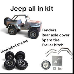 K&ouml;nnte beinhalten: Ein Metall-Jeep-Komplett-Kit, einschlie&szlig;lich eines Jeep-Modells, eines verbesserten Reifenkits, Kotfl&uuml;geln, einer Hinterachsabdeckung, eines Ersatzreifens und einer Anh&auml;ngerkupplung. Der Text "Jeep all in kit" und "Upgraded tire kit" sind sichtbar.