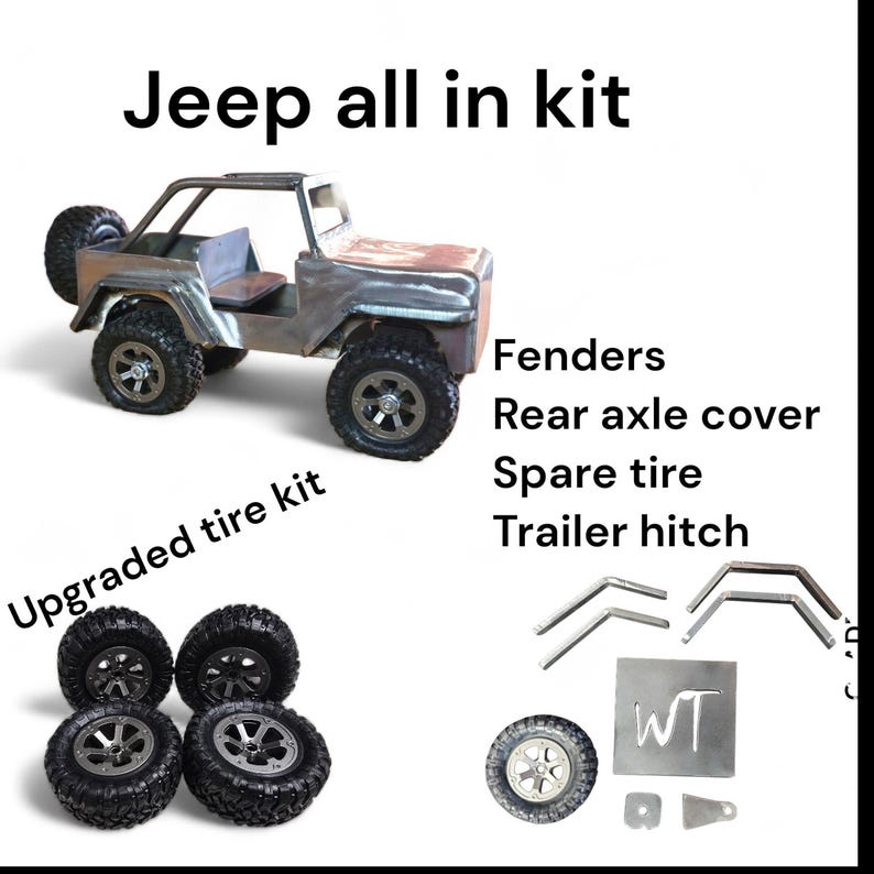 K&ouml;nnte beinhalten: Ein Metall-Jeep-Komplett-Kit, einschlie&szlig;lich eines Jeep-Modells, eines verbesserten Reifenkits, Kotfl&uuml;geln, einer Hinterachsabdeckung, eines Ersatzreifens und einer Anh&auml;ngerkupplung. Der Text "Jeep all in kit" und "Upgraded tire kit" sind sichtbar.