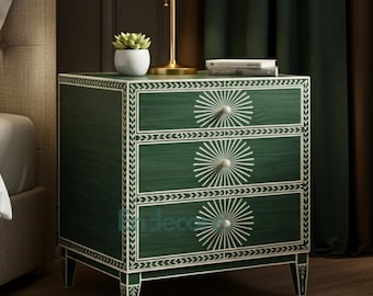 Handcrafted Green Bone Inlay Nightstand, Bedside Table, End table