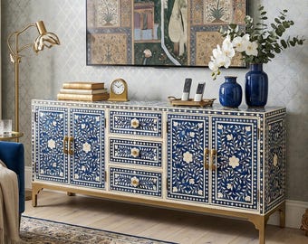 Bone Inlay Media Cabinet Scroll vine Pattern TV Cabinet, Credenza