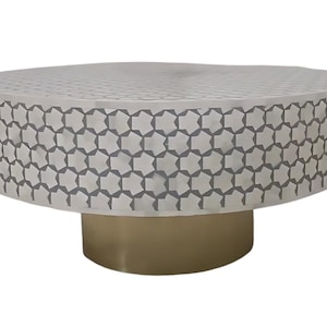 Handmade Bone Inlay Coffee Table: Black & White Floral Center Table, Brass Base