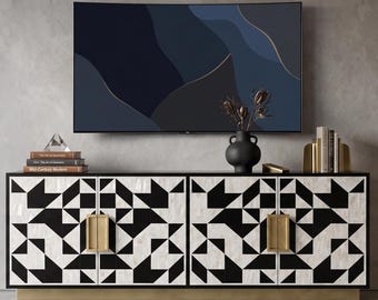 Media Console In Mother of pearl Inlay : Moroccan Optical Pattern TV Stand