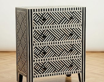 Bone Inlay Tallboy in Black Optical Pattern, 4 drawer Storage unit
