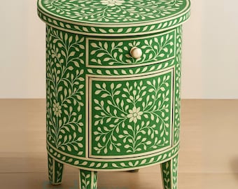 Bone Inlay Night stand Customizable Bedside Table: Handmade Floral Nightstand
