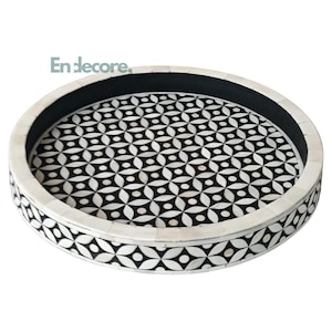 Bone Inlay Round Tray in Luxury Geometric – Eye Pattern Decorative Serving Tray for Home Décor | Handmade Bone Inlay Tray by Endecore Art