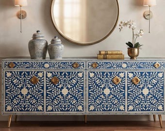 Handmade Bone Inlay Buffet, 2-Drawer 4-Door Sideboard, Floral Pattern Furniture