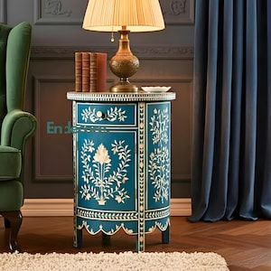 Navy Blue Floral Bone Inlay Nightstand, Endtable, Bedside table, Round Side Table with Drawer