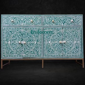Green Bone Inlay Sideboard | 4-Door 2-Drawer Buffet Cabinet | Scroll Vine Storage Dresser | Handcrafted Indian Furniture | Free Shipping