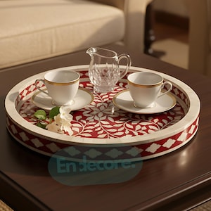 handmade Bone Inlay Floral Round Tray: Boho Home Decor, Serving Tray