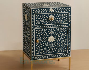 Handmade Bone Inlay Bedside Table in Blue| Elegant Nightstand – Free Delivery