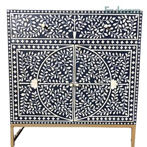Bone Inlay Sideboard Buffet | Handcrafted Floral Inlay Dresser | Moroccan Pattern Storage Cabinet | Indian Bone Inlay Furniture