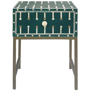 Green Bone Inlay Bedside Table | Handmade Side Table with Iron Base | Luxury Nightstand | One Drawer Inlay Table | Endecore Art