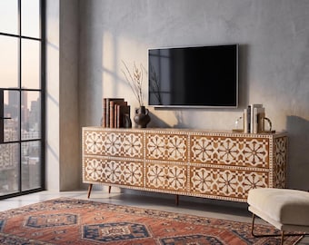 Wood Inlay Media Console: Moroccan Optical Pattern TV Stand