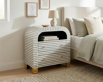 Gray Bone Inlay Nightstand: Handmade Indian Side Table with Drawers