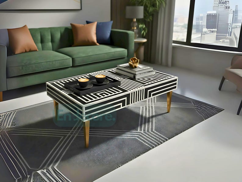 Tabletop Geometric Design Handmade Bone Inlay Coffee Table: Geometric Design With Brass Legs - Etsy