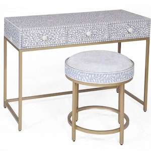 Bone Inlay Vanity Table with Stool | Handcrafted Makeup Desk, Storage Work Table | Inlay Study Table – Free Shipping