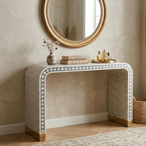 Handmade Bone Inlay Console Table: U-Shape Accent Furniture