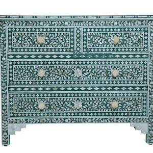 Bone Inlay Chest, Cabinet, Green 4 Drawer Dresser, Handmade Storage Buffet, Inlay Console Table, Indian Chest of Drawers – Free Shipping