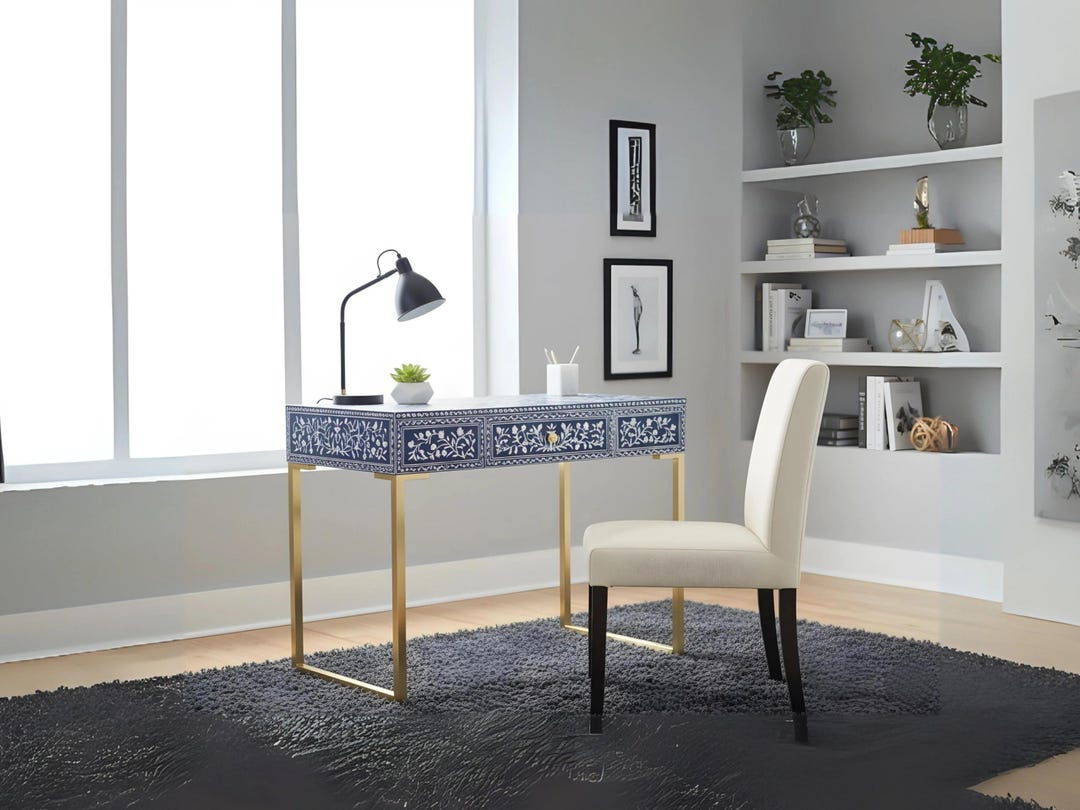 Handmade Bone Inlay Desk: Blue Floral Writing Table With Drawers - Etsy