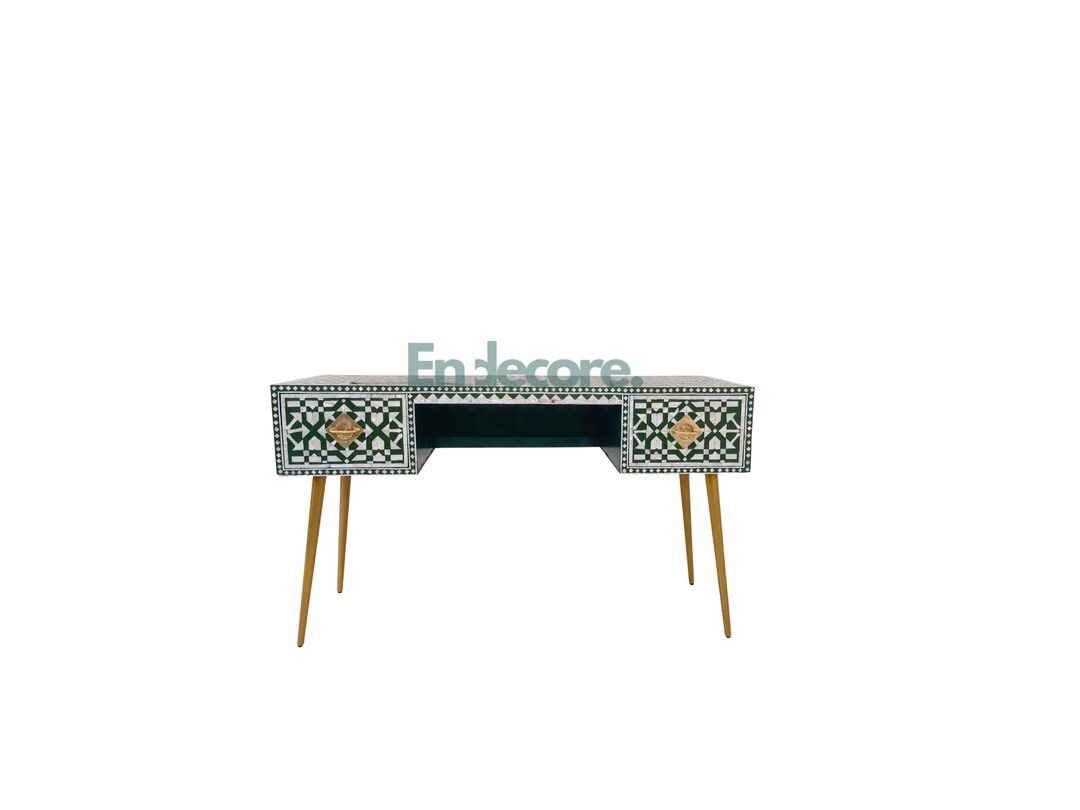 Desk, Vanity, Handmade Bone Inlay Desk: Sky Blue Optical Pattern ...
