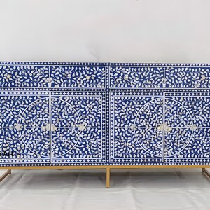 Mother of Pearl Inlay Buffet: Blue Floral Cabinet, Handmade Indian Console, Dresser