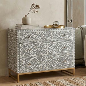 Handcrafted Bone Inlay Cabinet in Scroll vine pattern, 3-Drawer Dresser with Brass Legs