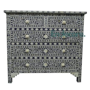 Bone Inlay Drawer Chest, Black White Scroll Dresser, Handmade Inlay Cabinet, 3 Drawer Sideboard, Indian Storage Buffet – Free Shipping