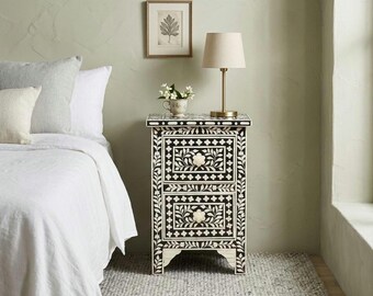Handmade Bone Inlay Nightstand Set of 2: Floral Black & White Bedside Tables
