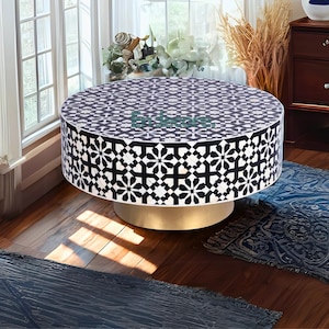 Handcrafted Bone Inlay Coffee Table: Moroccan Round Center Table