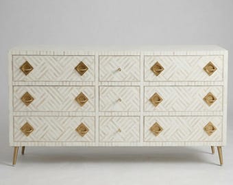 Handmade Bone Inlay Dresser, Optical Pattern Nine-Drawer Sideboard