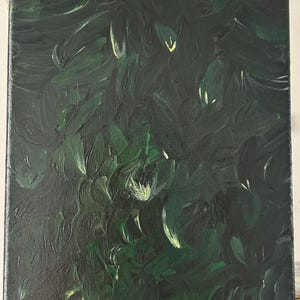 Handgeschilderd schilderij, zwart voor diepte en groene takken met gele accenten - Tuinen in het donker